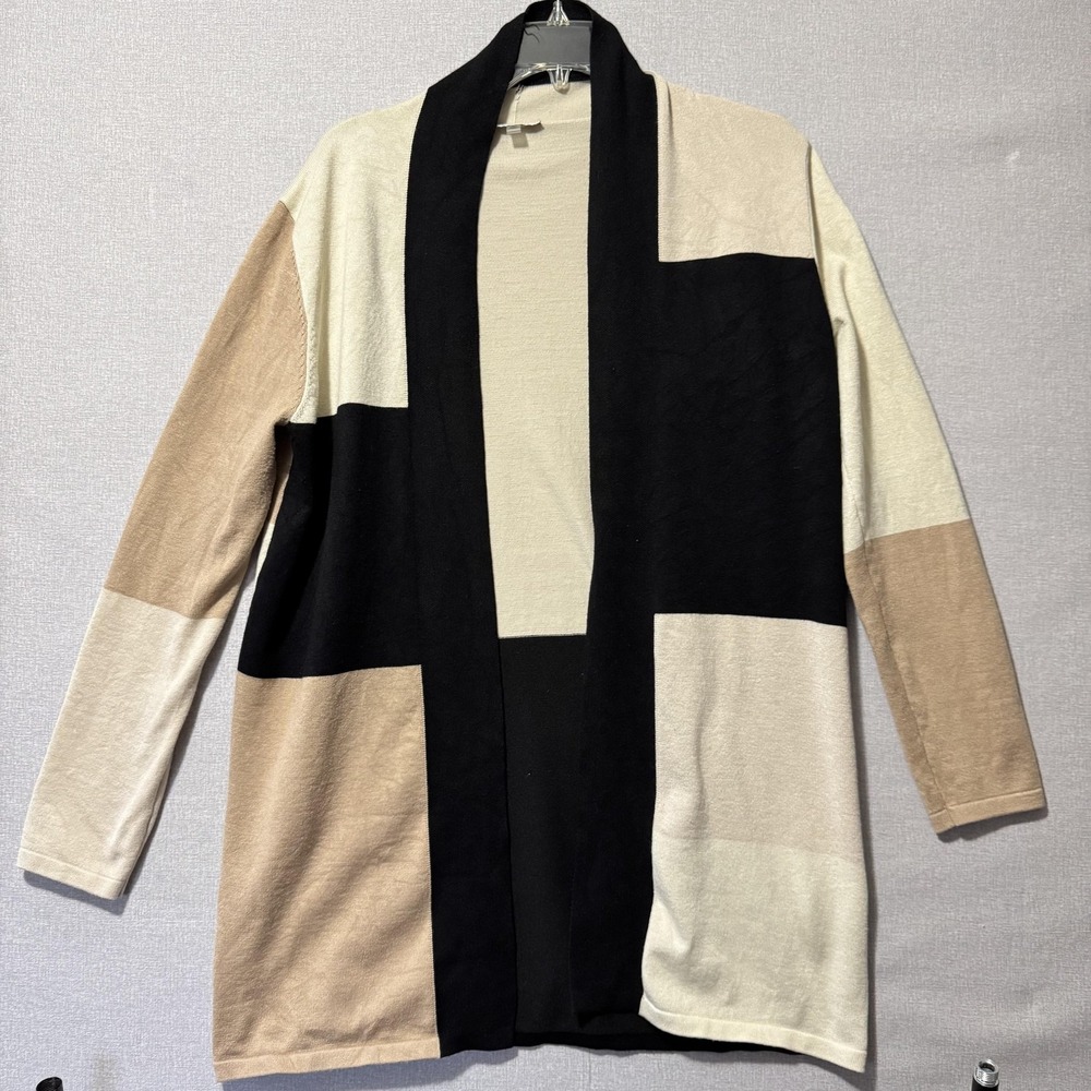 Colorblock Cardigan Sweater Womens Medium Neutral Black Beige Open Front Knit - Picture 1 of 6